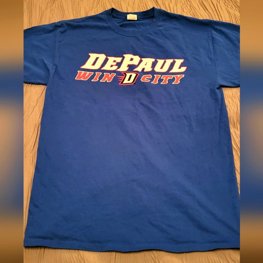 DePaul University Blue Short Sleeve Tee Wind D City EUC. Blue Demons